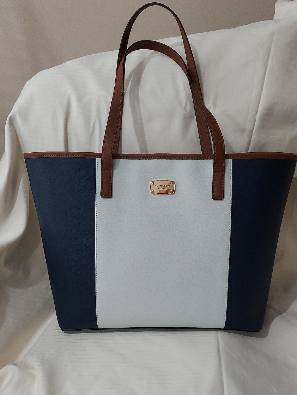 Women's Navy and White Tote Bag with Brown Trim